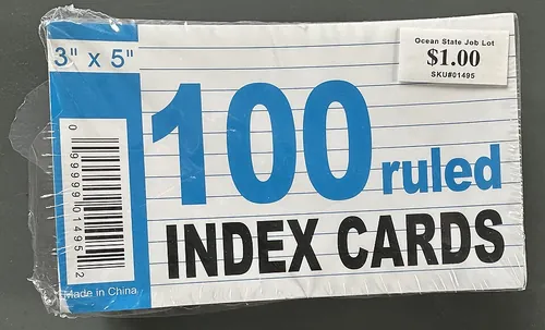 Package of 100 ruled 3 x 5 index cards (3 inch by 5 inch, 76.2 X 127 mm)