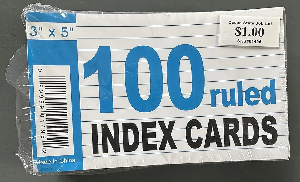 Package of 100 ruled 3 x 5 index cards (3 inch by 5 inch, 76.2 X 127 mm)