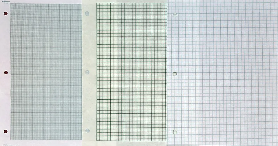 Three examples of graph paper: "millimeter paper" with 10 squares per centimeter, paper with 5 squares per inch, paper with 4 squares per in